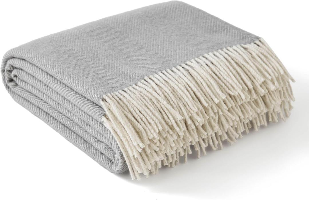 Bedsure 100% Wool Blanket for Women Gift - GentleSoft and Cozy, Lightweight Warm Christmas Blanket for Winter, Luxury Herringbone Throw for Couch, Grey, 50x60 Inches