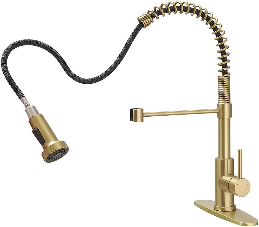 OWOFAN Kitchen Faucet, Kitchen Faucets with Pull Down Sprayer Sus304 Stainless Steel Industrial Single Handle One Hole Faucet for Farmhouse Camper Laundry Utility Rv Wet Bar Sinks Bushed Gold 9009J