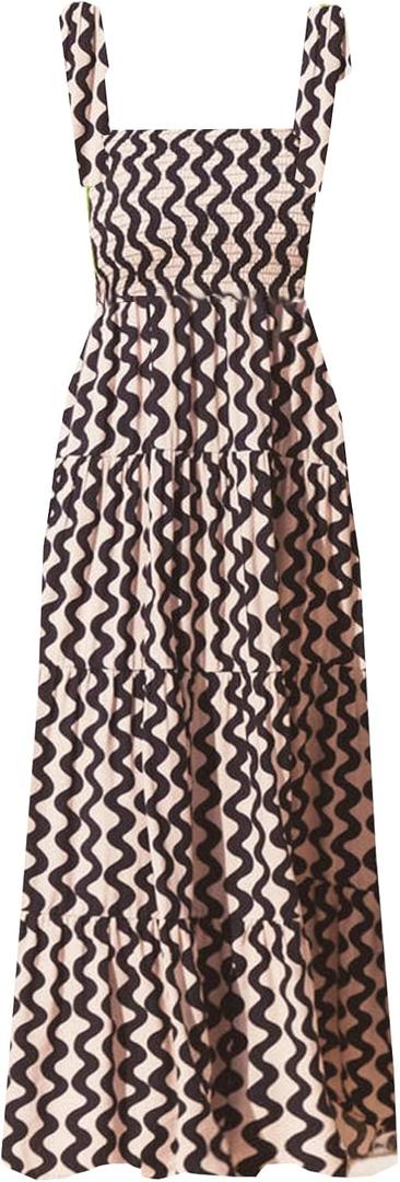 kinstell Women's Summer Boho Spaghetti Strap Square Neck Ruffle Casual Flowy Long Dress Beach Swing Party Maxi Dress (Medium)