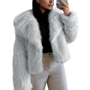 Flygo Women's Faux Fur Coat Fluffy Faux Fur Jacket Long Sleeve Lapel Furry Winter Jackets Shaggy Parka Short Coat (Light Grey), XL