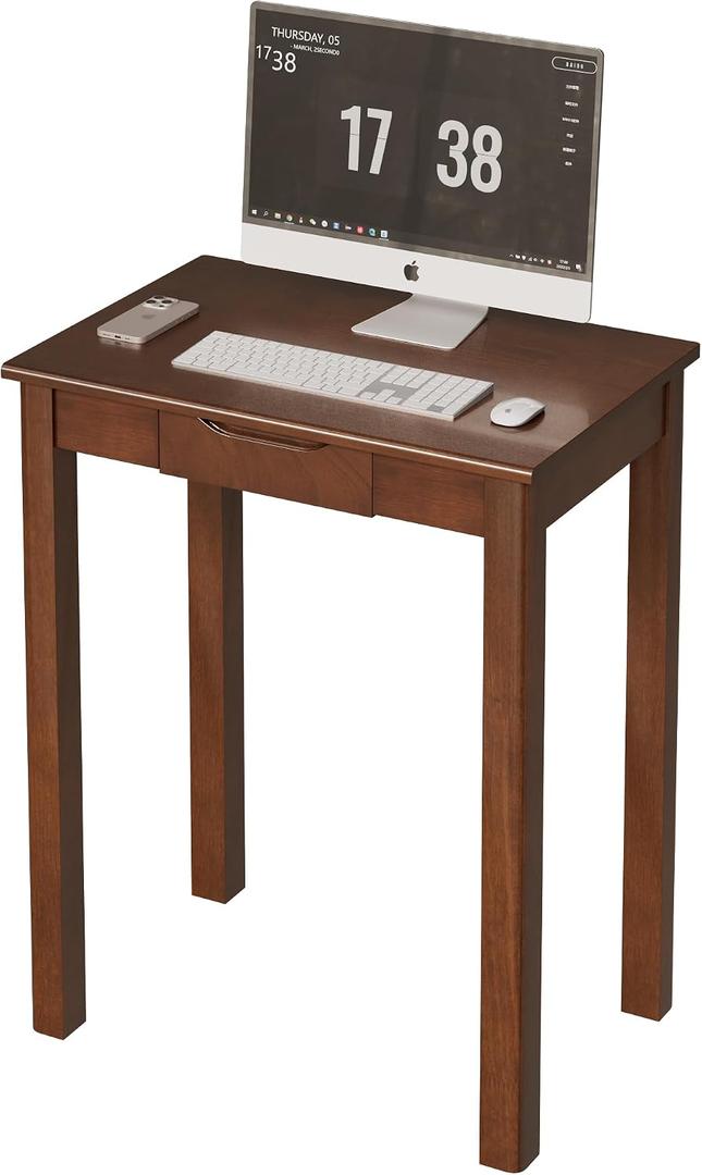 Solid Wooden Desk with Drawers - 24 x 16 Inch Vintage Narrow Desks, Mid Century Modern Desks, Rubber Wood Study Table, Small Writing Desk for Bedroom|Small Spaces - Walnut Color, 23.6 in W x 15.7 in D