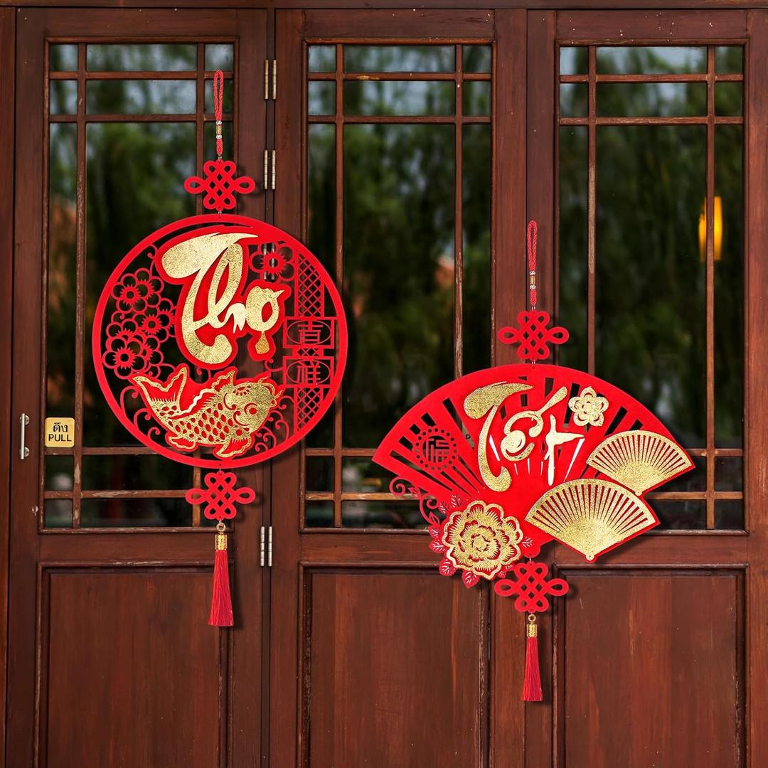 2 Pcs Vietnamese New Year Decorations 2026 TET Viet NAM Decor Hanging Ornaments with Tassel Asian Lunar New Year Festival Pendants for Vietnam Door Sign for Home Door Wall (Fan Round)