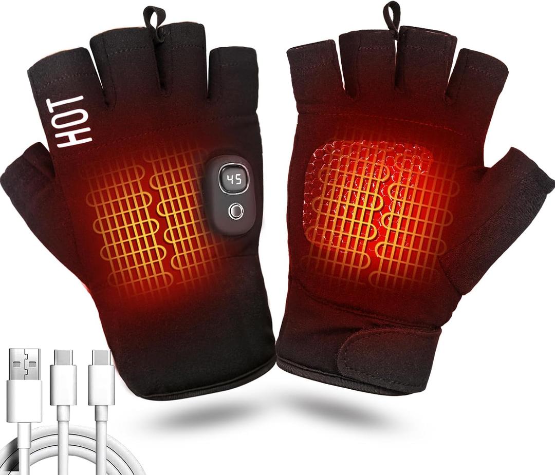 Fingerless Heated Gloves for Men & Women, Rechargeable Electric Touchscreen Gloves for Work Hunting Skiing in Cold Winter Weather, Black (Large)
