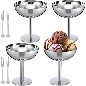 Reallnaive 4 Sets Stainless Steel Ice Cream Cups Bulk Silver Dessert Bowls with Forks 6.7 oz Small Metal Footed Cup for Serving Pudding Salad Fruit Sundae Summer Birthday Party Supply