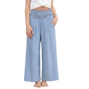 Wide Leg Pants High Waist Striped Summer Beach Travel Trousers, Blue, M
