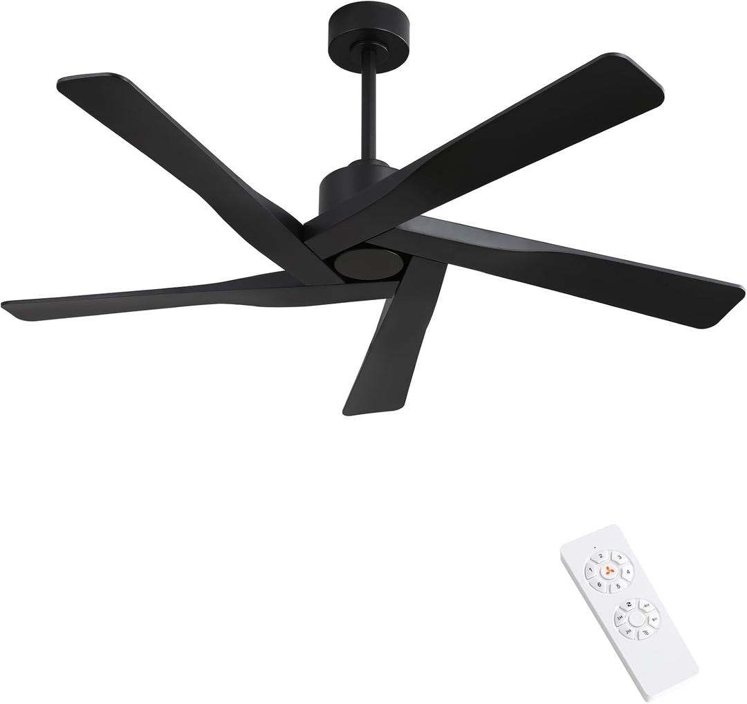 WINGBO 64" ABS DC Ceiling Fan No Light, 5 Blade ABS Plastic Ceiling Fan with Remote, 6-Speed Reversible DC Motor, Ceiling Fans without Light for Kitchen Bedroom Living Room, Matte Black