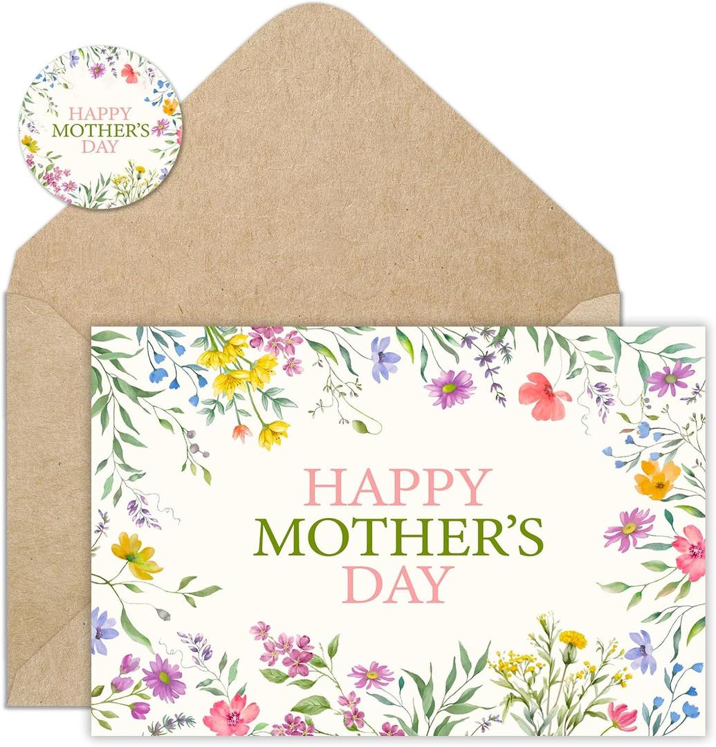 FYSUIMU 24 Pack Happy Mother's Day Cards Wildflower Greeting Cards with Envelopes Stickers Colorful Floral Blank Note Card for Mom Grandma Holiday Party Supplies, 4 x 6 Inch
