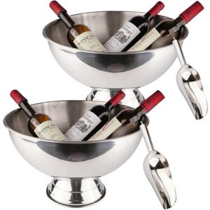 Large Ice Bucket 13L Stainless Steel Champagne Bowl Ice Bucket with Ice Scoop Semicircle Drink Tub with Integrated Base Silver Beverage Tub for Parties, Cocktail Bar, Chilling Wine (2 packs)
