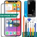 for iPhone 12 Mini Screen Replacement 5.4 Inch, 3D Touch LCD Screen Digitizer Front Display Assembly with Waterproof Adhesive+Tempered Glass+Repair Tools