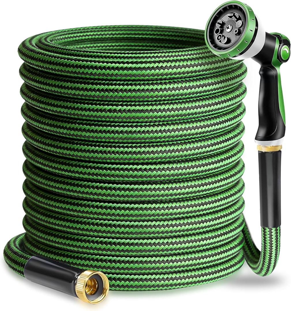 Garden Hose 50 FT-Triple-layer pipe, Water Hose with solid Aluminum Fittings, Ultra-Lightweight and Flexible, Abrasion-Resistant, Rust-Resistant,Watering and Cleaning for Outdoor (Green+Black)