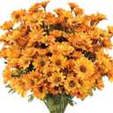 7 Bundles Fake Mums Artificial Fall Flowers for Outdoors Silk Daisy Floral Faux Mum Plants for Home Decor Indoor Outside Porch Pots Planters Potted Decorations (Orange)