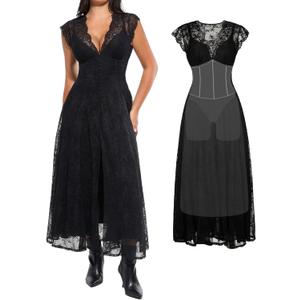 Popilush Women's Formal Wedding Guest Lace Sleeveless V Neck Maxi Shapewear Dress Evening Mother of Bride Split Dresses, Size Small (Black)