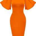Memoriesea Women's Basic Bodycon Ruffle Flared Short Sleeve Pencil Midi Dress (Medium, Orange)