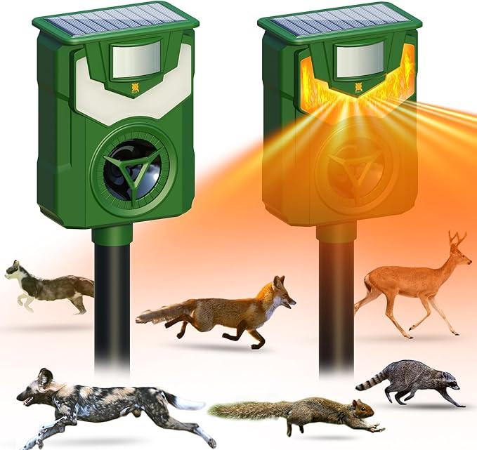 XPEST 2025 Upgraded Solar Powered Animal Repeller 2 Packs, Ultrasonic Solar Powered Deer Repellent for Outdoor Yard Lawn Repel Squirrel Raccoon Cat Deterrent with Motion Sensor & Flashing Light