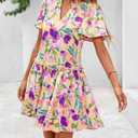 BTFBM Women Spring Dresses 2026 Short Sleeve V Neck Tiered Ruffle Boho Swing Dress A-Line Floral Mini Dresses (XL)