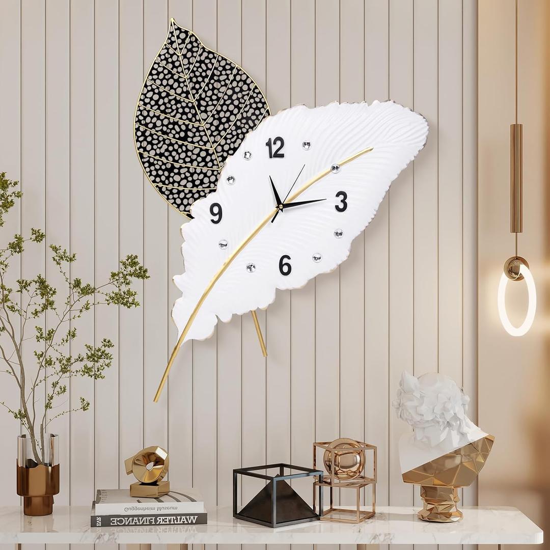 18x27 inch Large Modern Feather Leaf Shape Wall Clock for Living Room Decor, White Unique Silent Decorative Art Clock for Home Bedroom Office Dining Kitchen