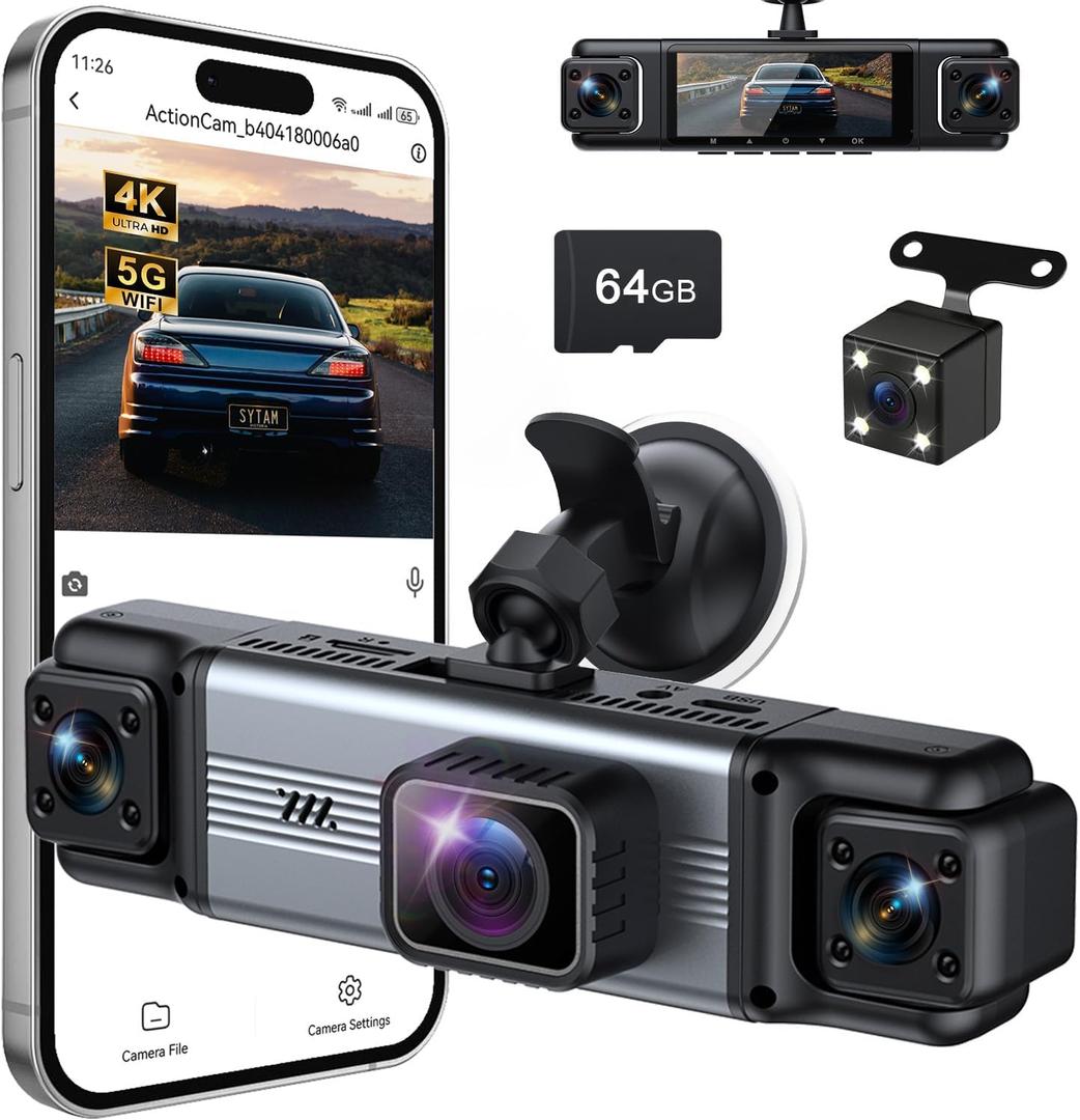 4 Channel 360° Dash Cam Front Rear Inside & Left Right 4K+1080P*3 FHD Car Camera, 5GHz WiFi & App Control 8 IR Lamps Night Vision 24H Parking Mode, G-Sensor, Loop Recording, Includes 64GB (Gunmetal)