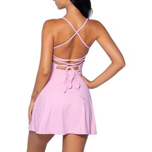 Tennis Dress for Women Backless Lace Up Workout Dress with Built-in Bras & Shorts Exercise Athletic Golf Dresses for Women (Small, Pink)
