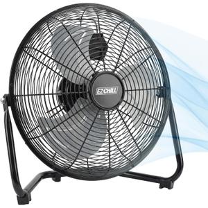 EZ-CHILL 12” Cradle Floor Fan, 3 Speed, High Velocity, 180 Degree Adjustable Tilt, All-Metal, Carry Handle, Rubber Feet, Airflow 15.42 ft/sec, Ideal for Home, Bedroom & Office, Black