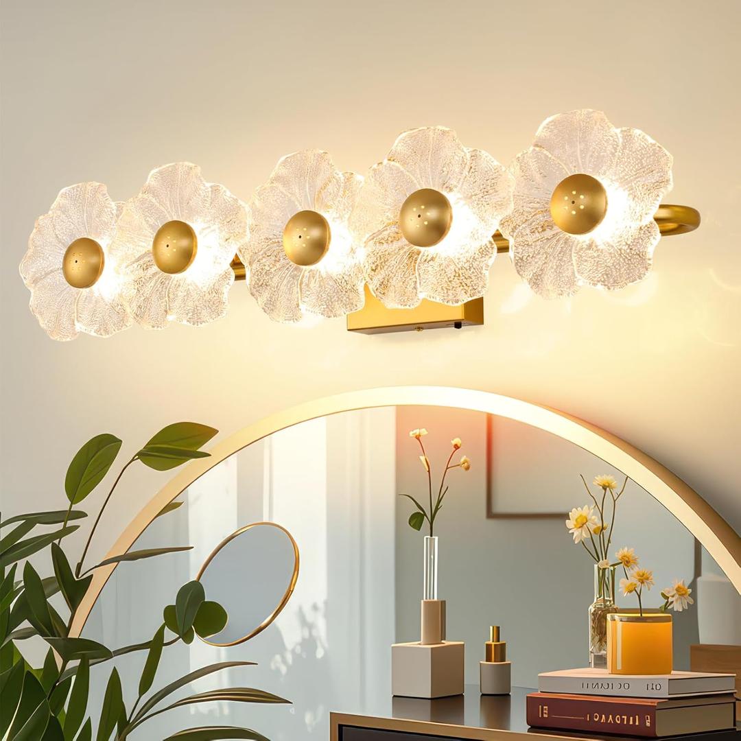 MantoLite Bathroom Light Fixtures Modern Vanity Light Over Mirror Adjustable 3000K-6000K Picture Lights Art Light with Floral Clear Glass Shades for Living Room Bedroom Wall Sconces (5 Light Gold) (Brass)