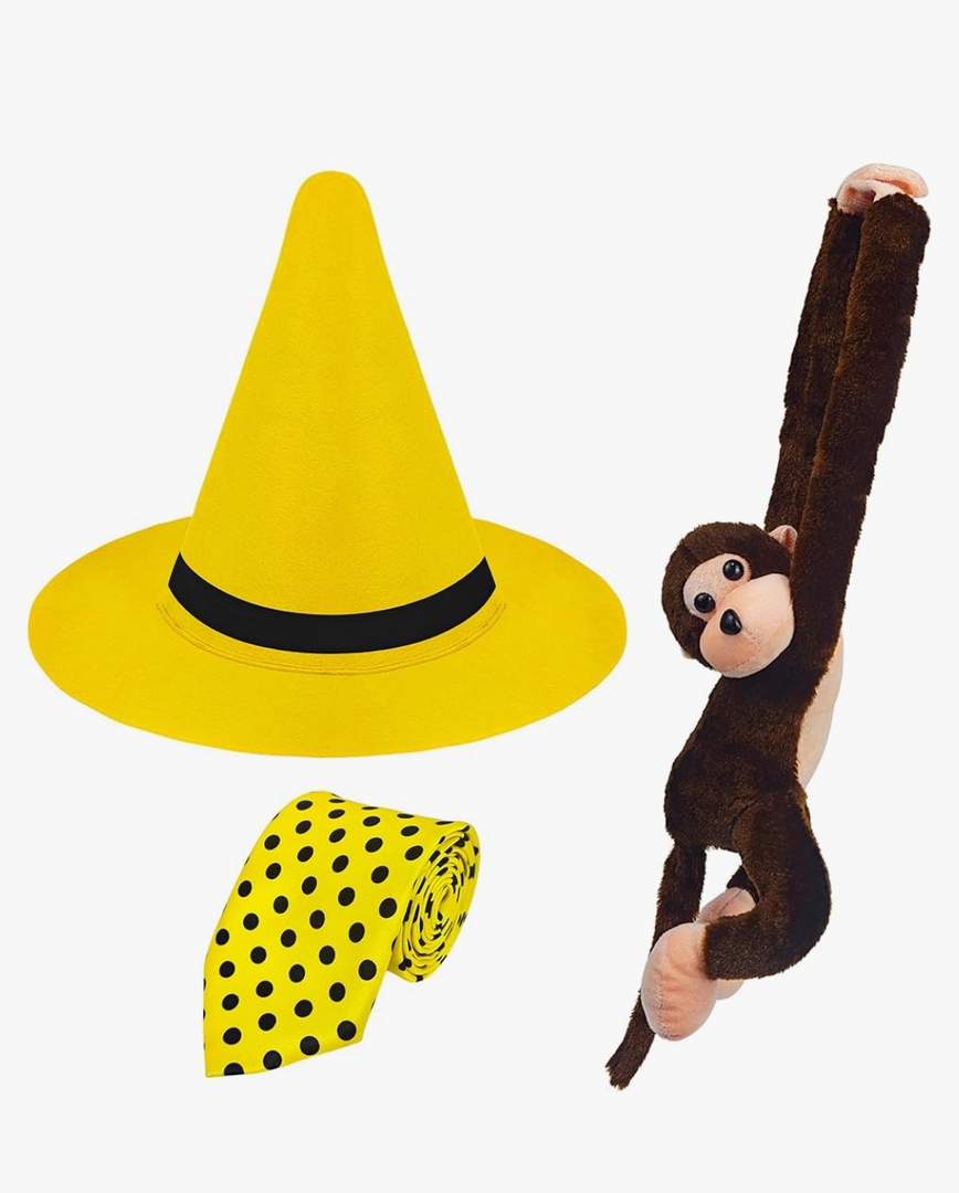 Man in the Yellow Hat Costume, Yellow Hat with Polka Dot Tie Stuffed Monkey for Men Women for Halloween Cosplay Dress Up