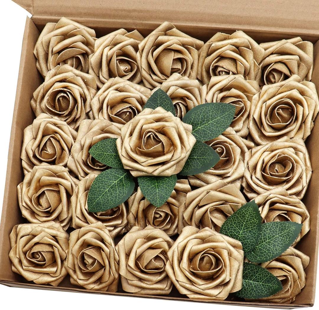 Artificial Flowers 25PCS Real Looking Gold Roses Fake Roses with Stem for DIY Wedding Bouquets Centerpieces Party Baby Shower Home Decorations