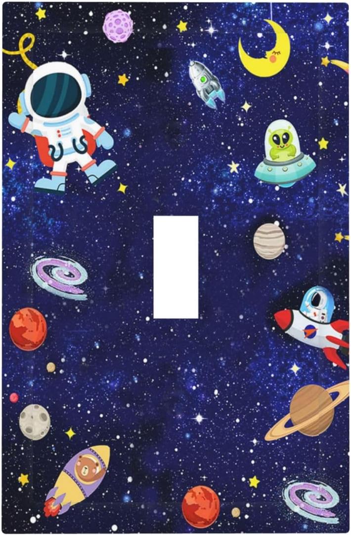 Cartoon Astronaut Galaxy Outer Spcae Single Toggle Light Switch Covers Decorative 1 Gang Wall Plate Electrical Device Switchplate Faceplate Farmhouse Decor