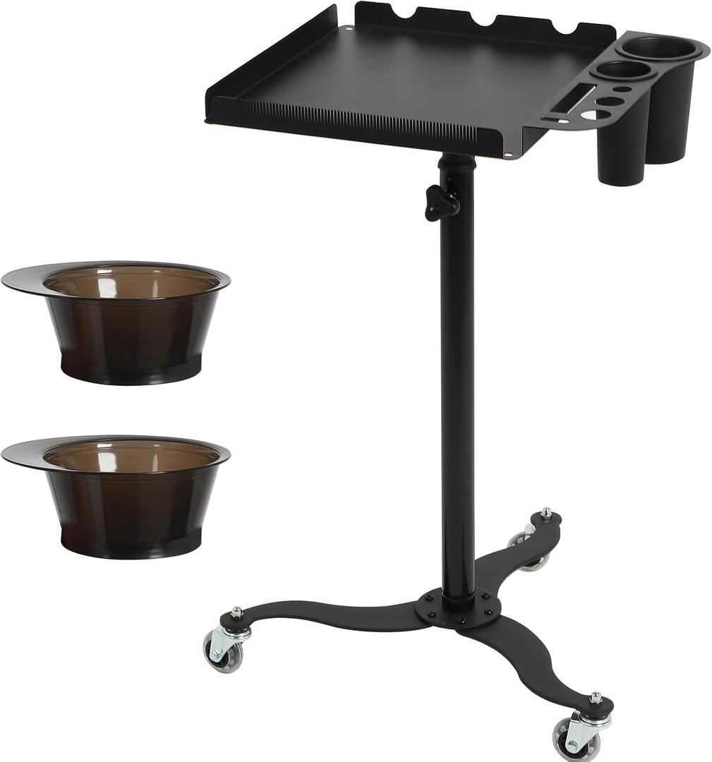 Salon Tray Cart with Storage Platform, 2 Magnetic Bowls Tattoo Tray with Wheels Trolley, Adjustable Height Salon Tray Equipment, Hairstylist Holder and Hair Separator Stand for Salon & Spa Use, Black