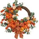 24" Artificial Fall Half Wreath for Front Door Autumn Wreath with Pumpkin Peony Eucalyptus Chrysanthemum and Ribbon for Halloween Thanksgiving Day Indoor Outdoor Farmhouse Window Wall Décor