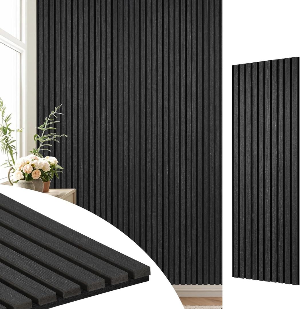 DOLLAR BOSS Acoustic Wood Panels 47.2"x15.7" 2-Pack - Soundproof Wall Tiles with 3D Fluted Design, Eco-Friendly MDF & Fiberboard, Easy Install for Studio/Office/Bedroom (Matte Black)