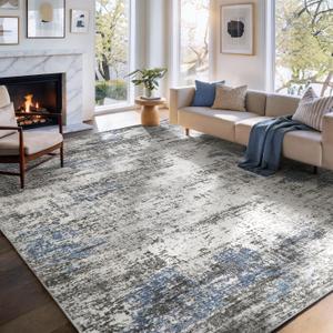Washable Area Rug Living Room Rugs-9x12 Large Soft Non-Slip Carpet for Bedroom Dining Room Modern Abstract Neutral Low Pile Floor Rugs Stain Resistant Indoor Nursery Home Office,Blue Grey