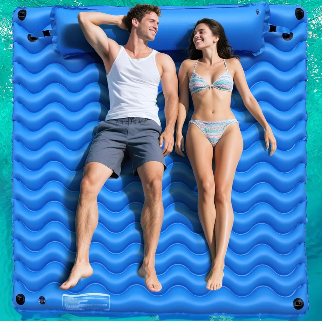 2-Person Inflatable Pool Float Adult, 71'' x 71'' Large Pool Lounger Float River Tube with Headrest, Adult Heavy Duty Pool Floats Mat for Swimming Pool, Raft for Pool Party, Lake, Beach, River (Blue)