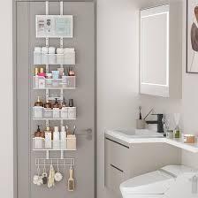 Hongtamoya Adjustable Over The Door Organizer, Hanging Door Storage with PVC Pocket and 4 Metal Baskets Wall Mount, Closet Door Organizer Behind Door Rack for Bathroom Bedroom Closet, White