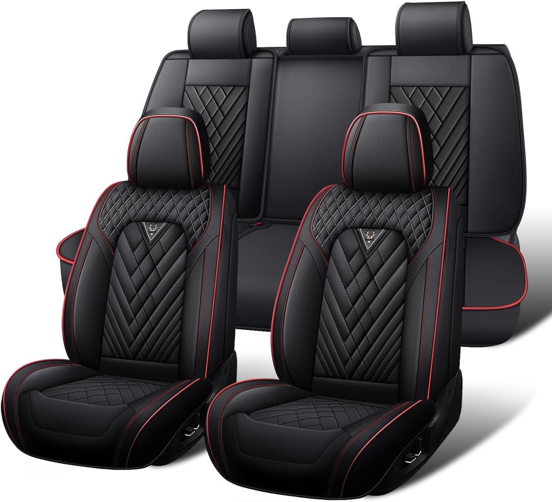 Car Seat Covers Full Set for Honda Civic 2000-2026, Waterproof Nappa Leather Car Seat Cover, Full Coverage Car Seat Covers Sets(5 Seats/Black Red)