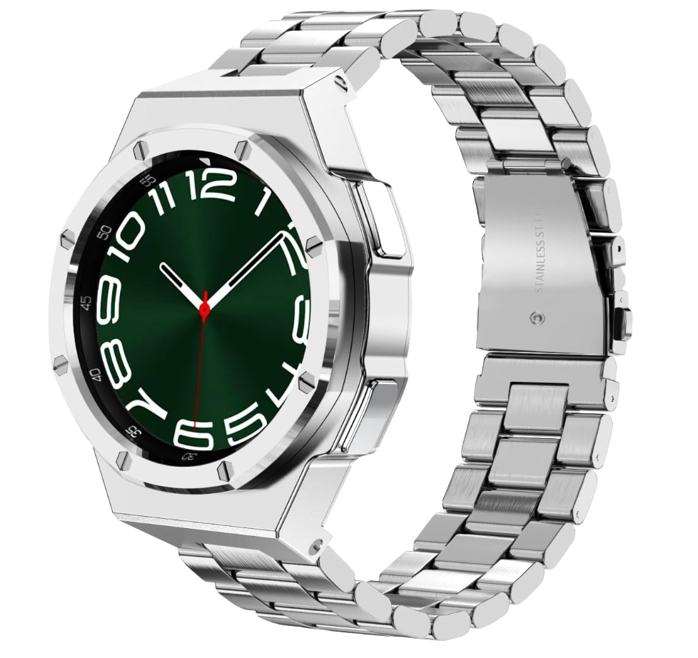 DGYSG Luxury Case Designed for Samsung Galaxy Watch 6 Classic 47mm 2023, Rugged Military Protective Metal Bumper Case with Tactical Stainless Steel Band for Men, Silver