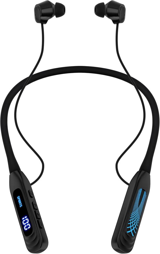 Neckband Bluetooth Headphones, 1000H Extra Battery Life with Display Magnetic Earphones,Wireless Stereo Earbuds with Microphone, Waterproof in-Ear Headset for Sports/Workout/Office (Black)