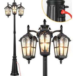 VIANIS Outdoor Post Lights with Outlet, Anti-Rust Vintage Lamp Posts Outdoor Lighting Dusk to Dawn, 3-Head Aluminum Outdoor Street Fixture with Ripple Glass for Yard Garden Driveway (Black (Lamp Head Down with Outlet))
