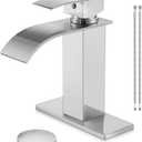 Herogo Brushed Nickel Waterfall Bathroom Faucet, Stainless Steel Vanity Sink Faucet Set with Pop-up Drain & Hooks, Single Handle 1 Hole or 3 Holes Deck Mount RV Lavatory Tap with 2 Water Hoses