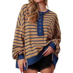PRETTYGARDEN Womens Fall 2026 Striped Oversized Sweatshirt Long Sleeve Button Up Henley Neck Waffle Knit Pullover Tunic Tops, Size XL