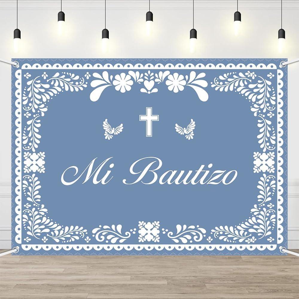 AIBIIN Mi Bautizo Banner Backdrop for Boys Blue Mexican Baptism Party Decorations God Bless First Holy Communion Photography Background Mexican Cielito Lindo Banner Photo Supplies 7x5ft