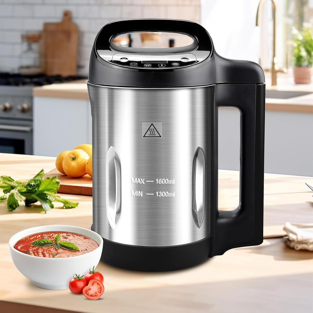 Homtone 1.6L Soup Maker Machine, Stainless Steel Programmable Soup Maker with Smooth & Chunky Settings, Anti-Dry Burn, Overfill Sensors, Self-Cleaning Mode for Quick Soups, Baby Food, Home Use Black, Size: 1.6L, 4-in-1