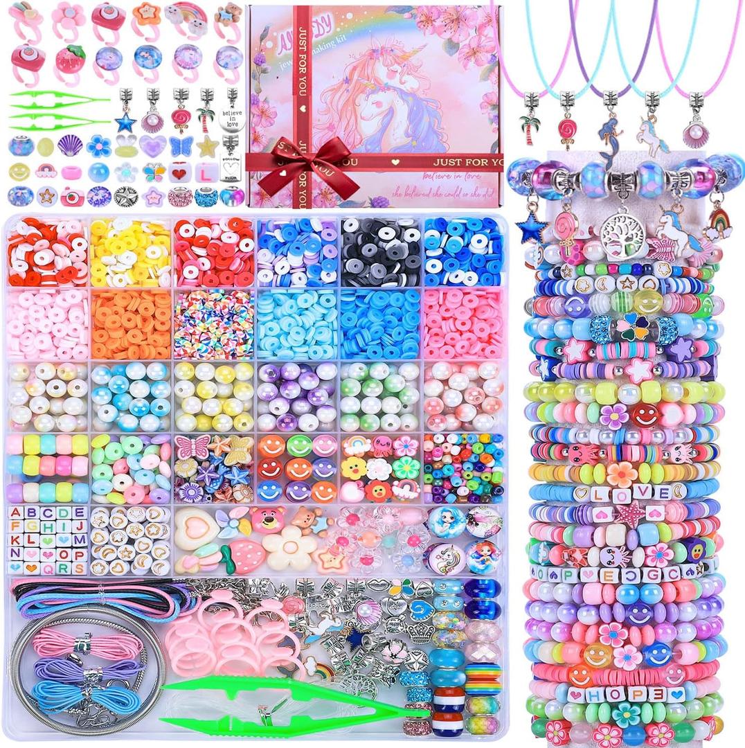 AIPRIDY 3200 Pcs Unicorn Jewelry Activity Kit,Clay Beads Bracelet Making Kit,Flat College Style Beading for Friendship Jewelry Making,Crystal Time Gem Ring Gifts,DIY Crafts for Teen Girls(Pink) (Pink 29 Cells)