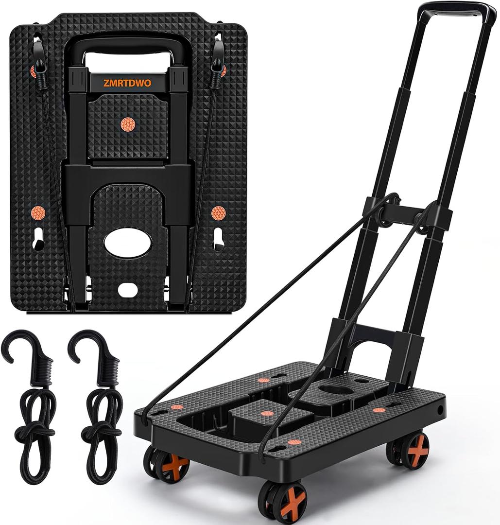 Folding Hand Truck, Dolly Cart with 4 Wheels & 2 Elastic Ropes, Adjustable Handle Foldable Dolly, Lightweight Portable Hand Cart for Luggage, Travel, Shopping, Moving, Airport, Office
