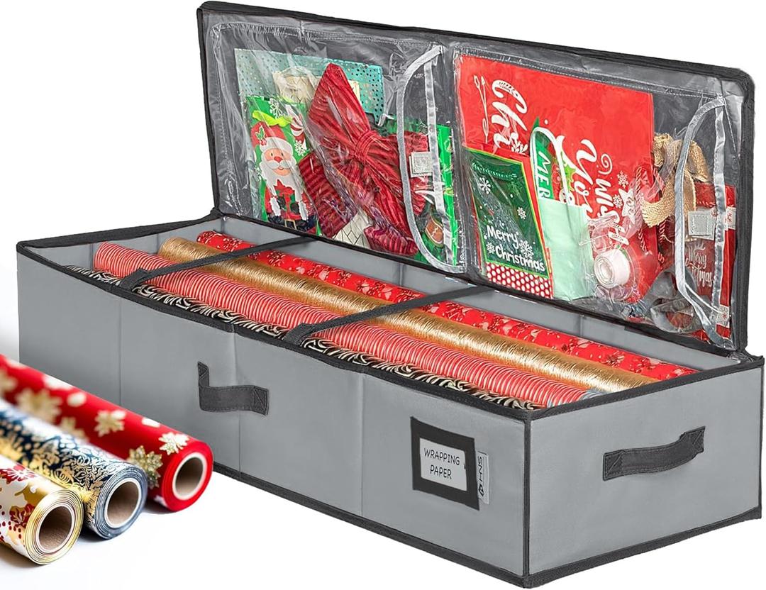 HOLDN STORAGE Premium Wrapping Paper Storage Container - Durable 600D Tear-Proof, Fits 27 Rolls Gift Wrap, Extra Pockets for Ribbons & Bows, Underbed Storage - Ideal for Holiday Christmas, Gray