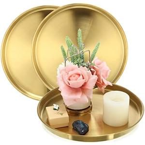 Thenshop 3 Pcs 12 Inch Gold Round Serving Tray Stainless Steel Circle Decorative Vanity Gold Plate Metal Jewelry Makeup Organizer Dishes for Gift Wedding Coffee Table Bathroom Dessert Christmas
