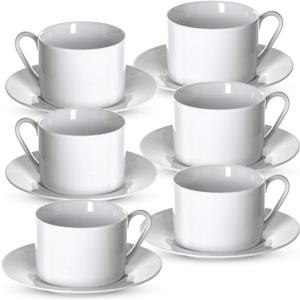 Klikel Tea Cups And Saucers Set - 2 Piece White Coffee Mug Set - 6 Inch Plates And 8.5oz Mugs - Cappuccino Cup And Saucer Set For Latte Cafe Mocha Espresso Bar