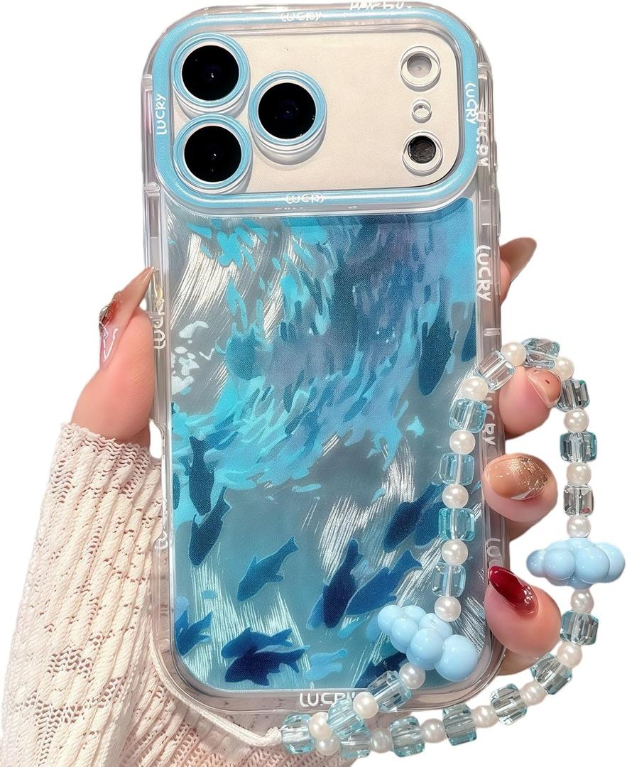 For iPhone 17 Air Case, Blue Dolphin Pattern Design,Glitter Sparkling Laser Case,2-in-1 with Beaded Wrist Strap,Soft TPU Frame, Shockproof and Anti-Shock, Suitable for Women & Girls