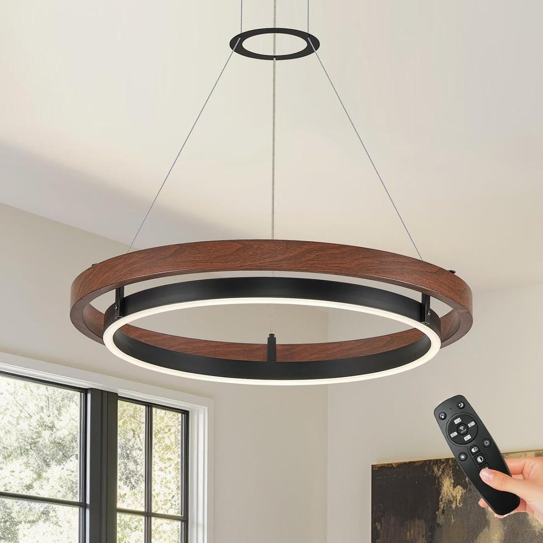 Modern LED Chandelier Circular Farmhouse Red Walnut Color, Dimmable LED Pendant Light with Remote Ring Chandelier Dining Room Light Fixtures for Kitchen Island Living Room Entryway, D23.6