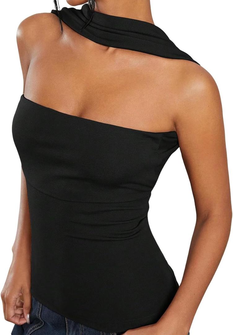 Ruched Strapless Halter Tube Top for Women Sexy Open Back Slim Fit Bandeau Shirt Sleeveless Off Shoulder Tank Clubwear (Small, Black)