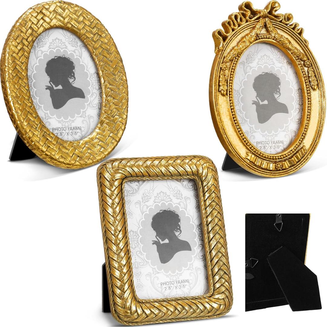 Vicenpal 3 Pcs 2.5 x 3.5 Inch Tiny Picture Frame Small Picture Frames Vintage Oval Photo Frames Gold Vintage Baroque Ornate Antique Photo Display Resin Oval Frame Table Display for Home Wedding
